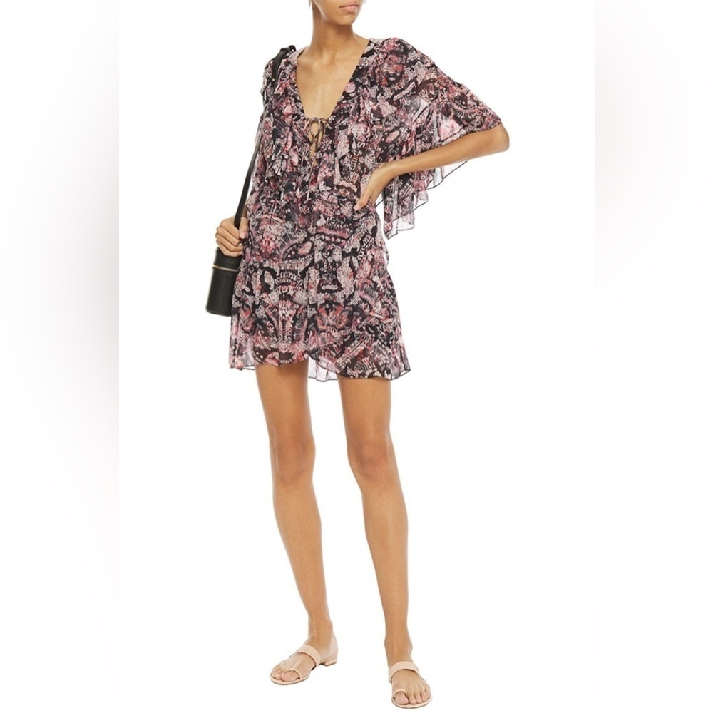 IRO Paris Black Multi Piata Ruffled Lace Up Crepon Mini Dress Viscose EUC 34/2